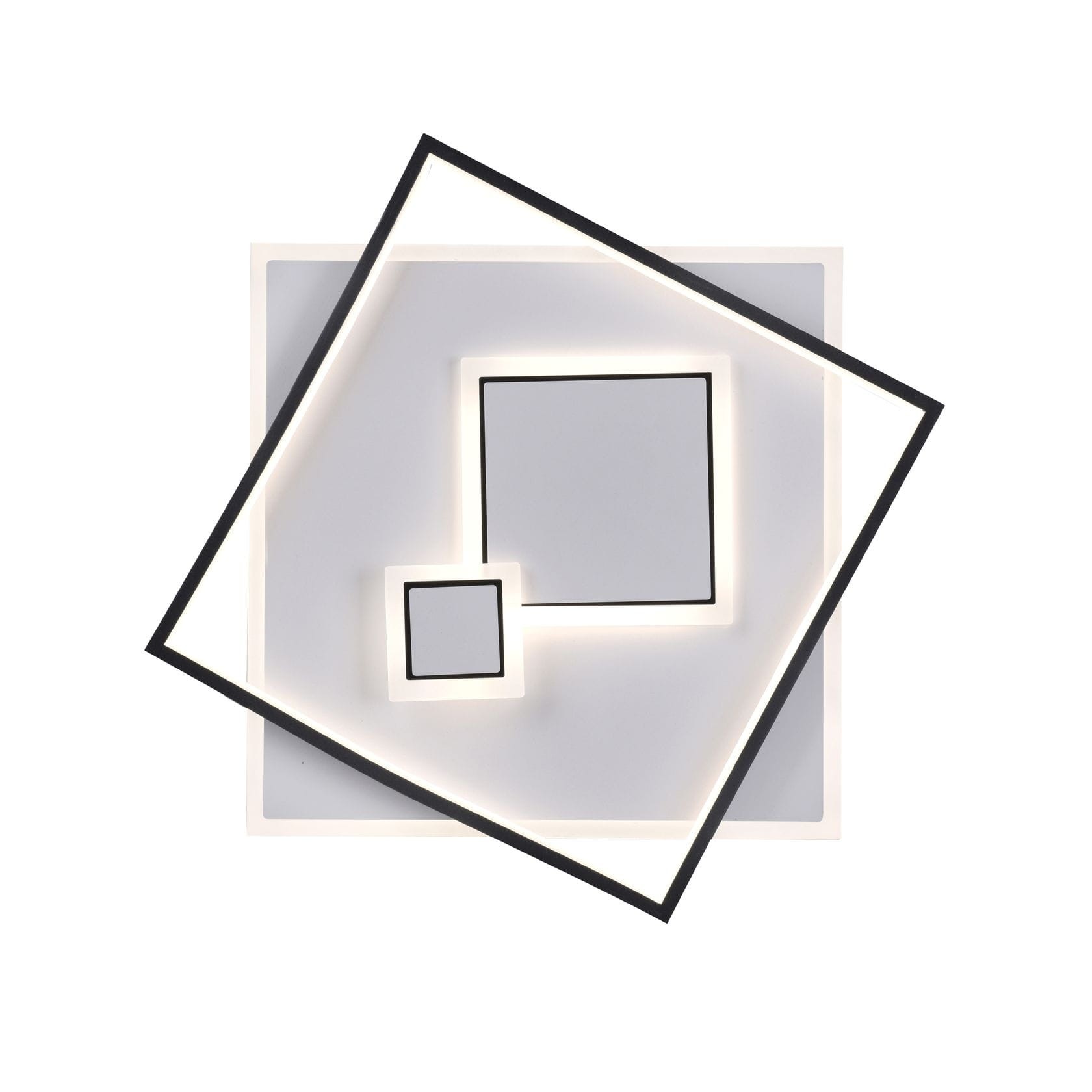 Lampa sufitowa LED Mailak Q 39W 3000K w kolorze czarnym, o geometrycznym kształcie z dwoma kwadratami. Zewnętrzny kwadrat ma czarną ramkę, a wewnętrzny jest w białym kolorze. Produkt montowany na suficie, emituje ciepłe światło.