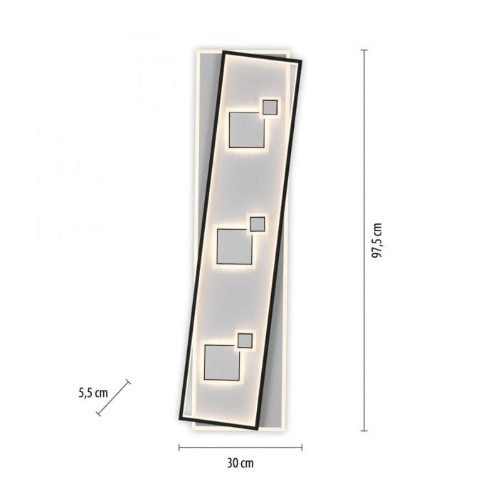 Czarna lampa sufitowa LED Mailak XL o mocy 39W i barwie światła 3000K, z wyjątkowym, prostokątnym kształtem. Wymiary: 97,5 cm wysokości, 30 cm szerokości, 5,5 cm głębokości. Zawiera geometryczne elementy w formie kwadratów.