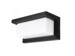 Lagos kinkiet elewacyjny LED 12W 4000K w kolorze czarnym, o prostokątnym kształcie, z matowym białym kloszem. Zamontowany na ścianie, z widocznym metalowym ramieniem. Idealny do oświetlenia zewnętrznego.