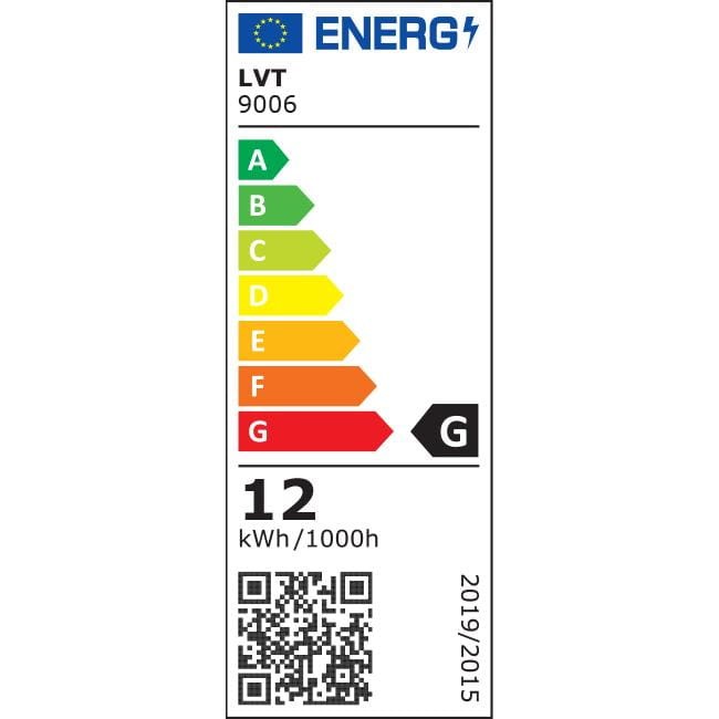 Etykieta energetyczna dla kinkietu elewacyjnego LED 12W 4000K w kolorze czarnym. Klasa efektywności energetycznej G, zużycie 12 kWh/1000h. Grafika przedstawia skalę od A do G. W prawym dolnym rogu znajduje się kod QR.