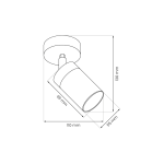 Kinkiet Joker w kolorze kaszmiru i złota, o cylindrycznym kształcie, mocowany do sufitu. Wymiary: średnica 110 mm, wysokość 130 mm, z otworem na żarówkę GU10. Ujęcie z boku, pokazujące detale konstrukcji i wymiary.