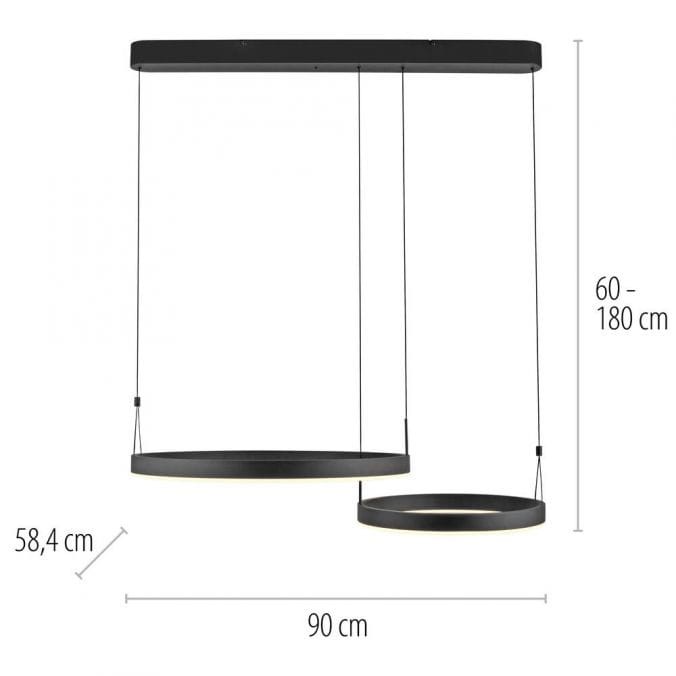 Czarna lampa wisząca Esko z pilotem, z dwiema okrągłymi oprawami LED 46W CCT. Wymiary: 90 cm szerokości, wysokość regulowana od 60 do 180 cm. Prosta konstrukcja z metalowym stelażem, idealna do nowoczesnych wnętrz.