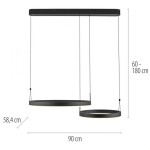 Czarna lampa wisząca Esko z pilotem, z dwiema okrągłymi oprawami LED 46W CCT. Wymiary: 90 cm szerokości, wysokość regulowana od 60 do 180 cm. Prosta konstrukcja z metalowym stelażem, idealna do nowoczesnych wnętrz.