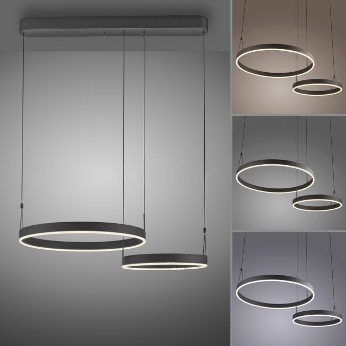 Lampa wisząca Esko z pilotem, czarna, z dwoma okrągłymi pierścieniami LED o mocy 46W CCT. Widok frontalny, zawieszona na cienkich linkach z metalowym stelażem. Oświetlenie w trzech wariantach kolorystycznych tła.