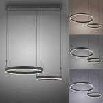 Lampa wisząca Esko z pilotem, czarna, z dwoma okrągłymi pierścieniami LED o mocy 46W CCT. Widok frontalny, zawieszona na cienkich linkach z metalowym stelażem. Oświetlenie w trzech wariantach kolorystycznych tła.