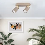 Lampa sufitowa Joker z dwoma spotami, w kolorze kaszmiru i złota, zamontowana na płaskiej podstawie. Reflektory w kształcie cylindrów skierowane są w dół, w otoczeniu roślin i grafiki na ścianie.