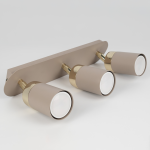 Lampa sufitowa Joker w kolorze kaszmiru z trzema punktami świetlnymi GU10, z metalowymi elementami w kolorze złotym. Ujęcie frontalne, pokazujące lampa zamontowaną na ścianie, z widocznymi detalami kloszy i mocowania.