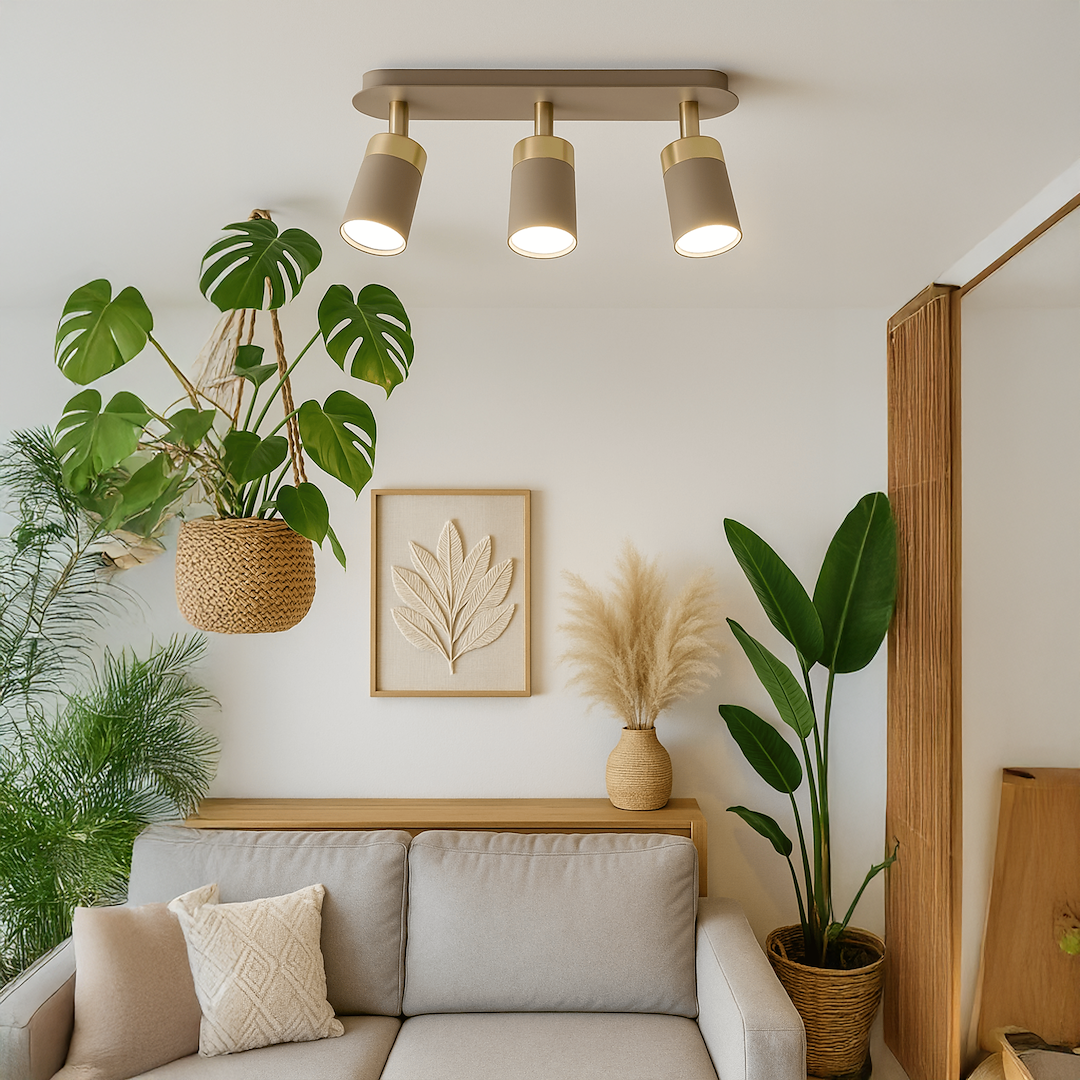 Lampa sufitowa Joker z trzema spotami, w kolorze kaszmiru i złota, zamontowana na prostokątnej podstawie. Ujęcie frontalne, ukazujące lampę w nowoczesnym wnętrzu z roślinami i dekoracjami.