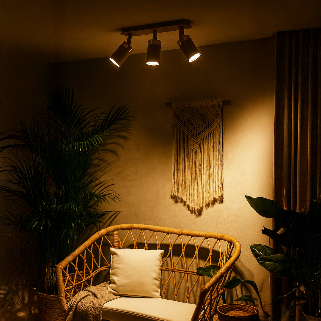 Lampa sufitowa Joker w kolorze kaszmiru i złota z trzema reflektorami GU10. Ujęcie z góry, montowana na suficie, w tle roślinność oraz makrama. Ciepłe światło oświetla wnętrze, tworząc przytulną atmosferę.