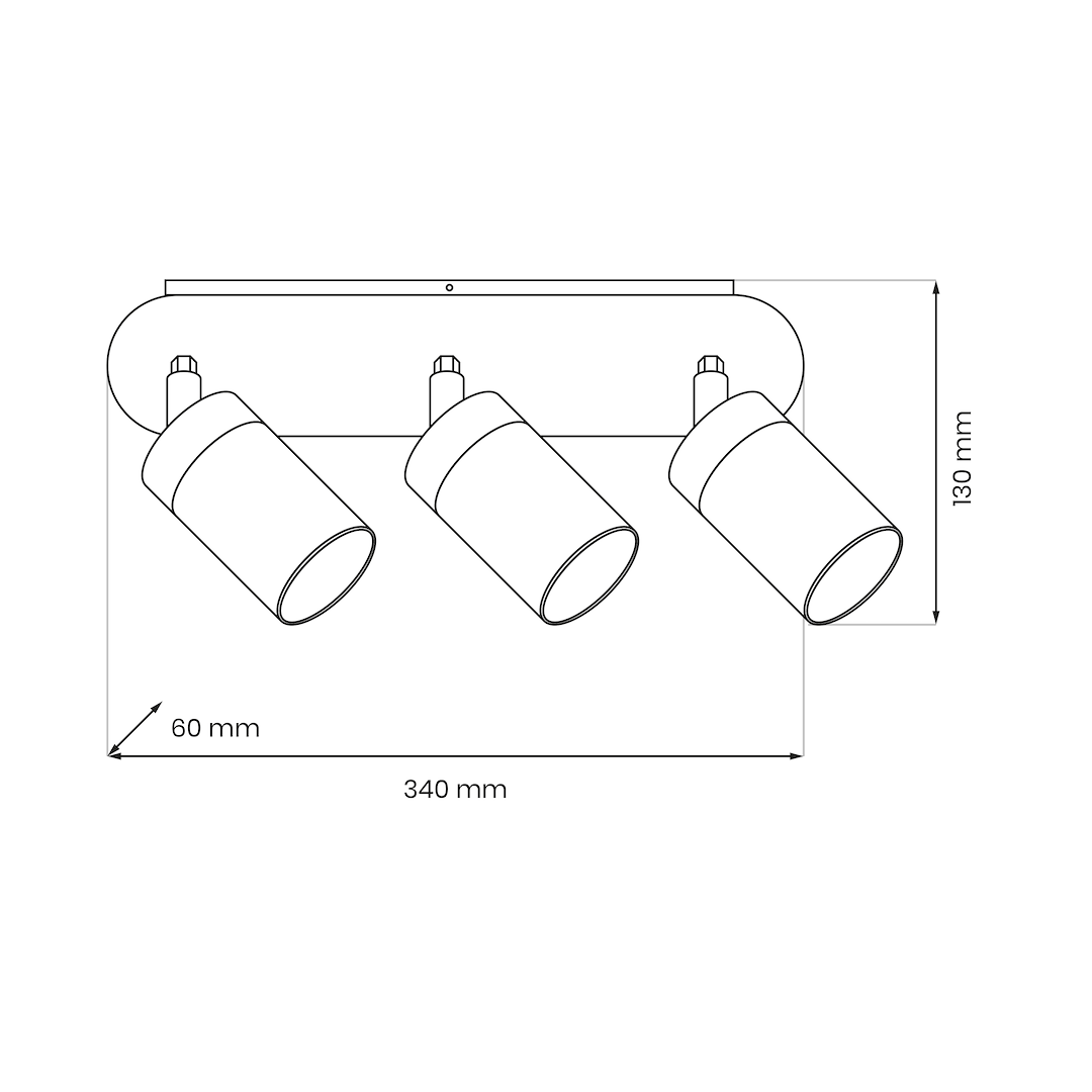 Lampa sufitowa Joker z trzema spotami, w kolorze kaszmiru i złotym, o wymiarach 340 mm szerokości i 130 mm wysokości. Spoty mają cylindryczny kształt, montowane na prostokątnej podstawie. Idealna do oświetlenia wnętrz.