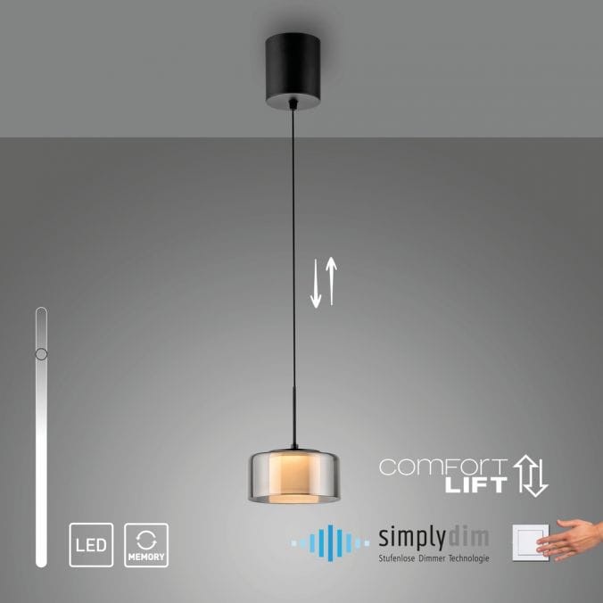 Lampa wisząca LED Rika 6W w kolorze czarnym dymionym, z przezroczystym kloszem. Zawieszona na cienkim, czarnym przewodzie. Widoczne ikony funkcji dimmera i regulacji wysokości. Minimalistyczny design, idealna do nowoczesnych wnętrz.