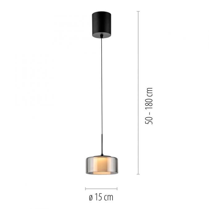 Lampa wisząca LED Rika 6W w kolorze czarnym z dymionym kloszem, średnica 15 cm. Zawieszona na czarnym kablu, regulowana wysokość od 50 do 180 cm. Prosta forma i eleganckie wykończenie.