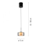 Lampa wisząca LED Rika 6W w kolorze czarnym z dymionym kloszem, średnica 15 cm. Zawieszona na czarnym kablu, regulowana wysokość od 50 do 180 cm. Prosta forma i eleganckie wykończenie.