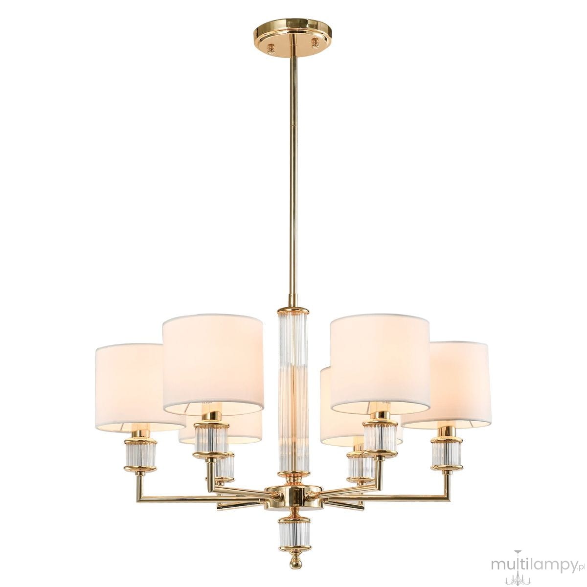 Lampa wisząca Sutton w kolorze złotym z sześcioma kloszami E14. Klosze mają biały, matowy kolor, a lampa wyróżnia się eleganckim, prostym designem. Ujęcie frontalne, lampa zawieszona na długim, złotym stelażu.