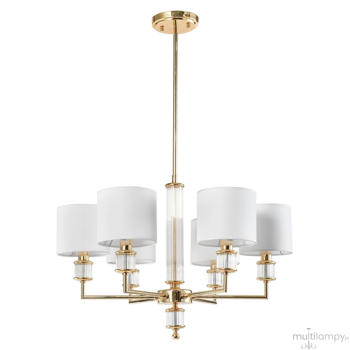 Złota lampa wisząca Sutton z sześcioma kloszami w kolorze białym, wykonana z metalu i szkła, z eleganckimi detalami. Ujęcie frontalne, zawieszona na długim stelażu, idealna do nowoczesnych wnętrz.