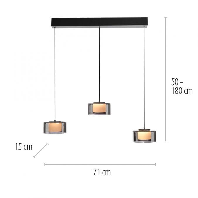 Lampa wisząca Rika 3xLED 18W w kolorze czarnym dymionym. Posiada trzy okrągłe klosze z przezroczystego szkła, zawieszone na czarnych linkach, z regulacją wysokości od 50 do 180 cm. Szerokość 71 cm, wysokość 15 cm.
