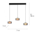 Lampa wisząca Rika 3xLED 18W w kolorze czarnym dymionym. Posiada trzy okrągłe klosze z przezroczystego szkła, zawieszone na czarnych linkach, z regulacją wysokości od 50 do 180 cm. Szerokość 71 cm, wysokość 15 cm.