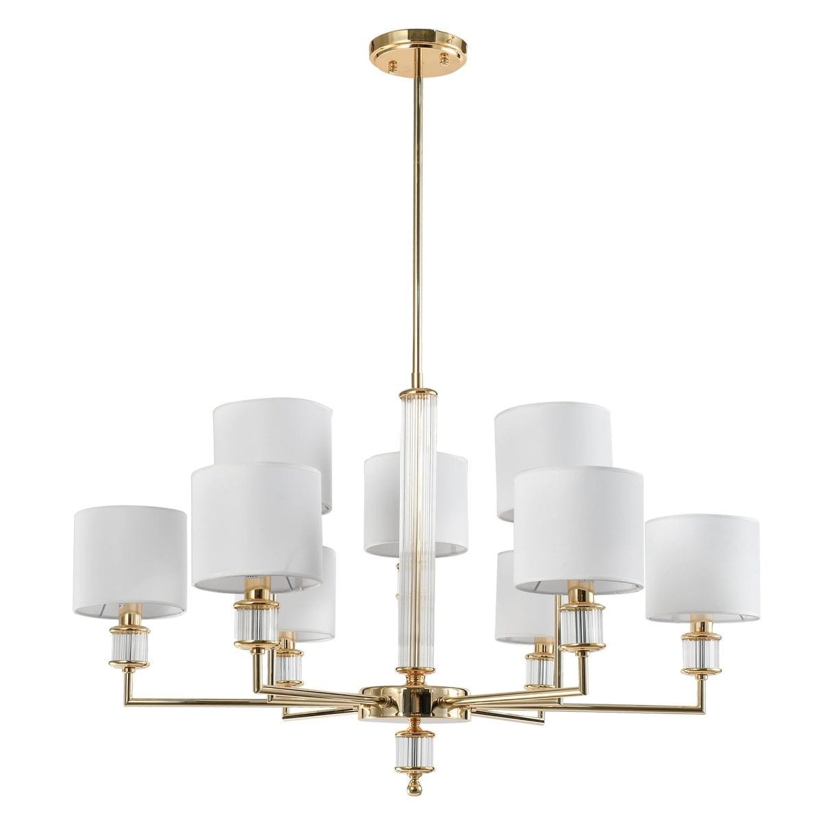 Lampa wisząca Sutton z dziewięcioma źródłami światła E14, w złotym wykończeniu. Posiada białe abażury w kształcie cylindrów oraz ozdobne elementy szklane. Wisi na długim, złotym przewodzie, w układzie symetrycznym.