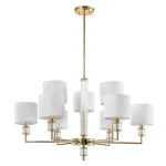 Lampa wisząca Sutton z dziewięcioma źródłami światła E14, w złotym wykończeniu. Posiada białe abażury w kształcie cylindrów oraz ozdobne elementy szklane. Wisi na długim, złotym przewodzie, w układzie symetrycznym.