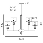 Lampa wisząca Sutton 9xE14 w kolorze złotym, z sześcioma kloszami o średnicy 160 mm, zawieszona na prostym stelażu. Wymiary: wysokość 580 mm, średnica 920 mm. Klasyczny design z dekoracyjnym detalem w centralnej części.