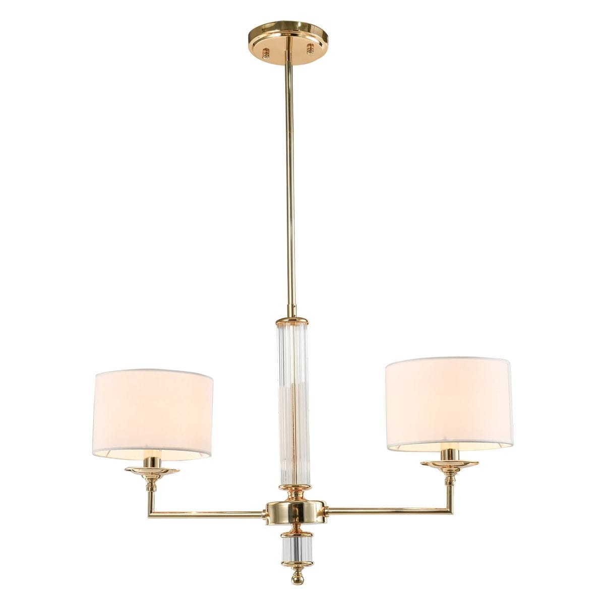 Lampa wisząca Sutton z dwoma abażurami, wykończona w kolorze złotym. Posiada szklaną, teksturowaną część środkową. Utrzymana w eleganckim stylu, montowana na długim, złotym stelażu. Abażury w kolorze białym, okrągłe, z delikatnym wykończeniem.