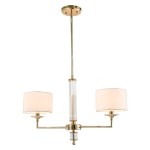 Lampa wisząca Sutton z dwoma abażurami, wykończona w kolorze złotym. Posiada szklaną, teksturowaną część środkową. Utrzymana w eleganckim stylu, montowana na długim, złotym stelażu. Abażury w kolorze białym, okrągłe, z delikatnym wykończeniem.