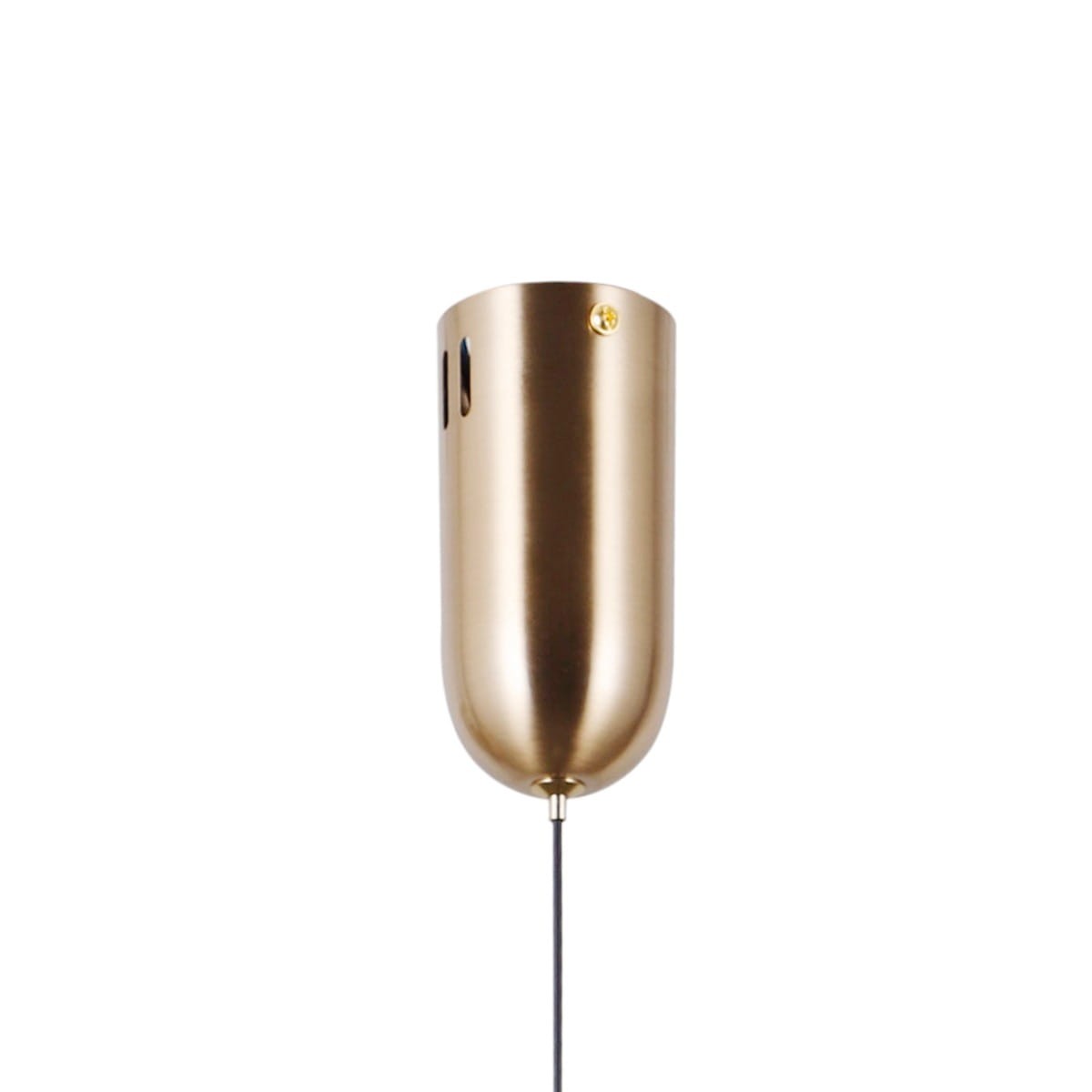 Lampa wisząca Montiela w kolorze złotym, wykonana z metalu, z jednym źródłem LED 5W. Owalny kształt z widocznymi otworami wentylacyjnymi i cienkim przewodem. Idealna do nowoczesnych wnętrz.