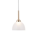 Lampa wisząca Montiela z jednym źródłem światła LED 5W, o złotej metalowej podstawie i matowej, białej kloszu w kształcie półkuli. Zawieszona na cienkim przewodzie, idealna do nowoczesnych wnętrz.