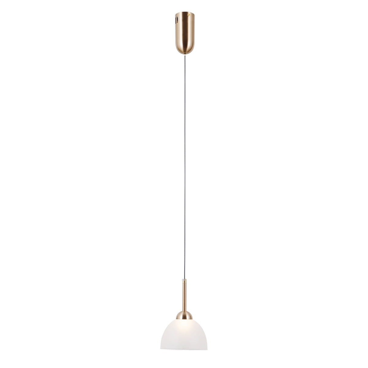 Lampa wisząca Montiela z jedną żarówką LED 5W, złota. Posiada okrągły klosz w białym kolorze, zawieszona na cienkim przewodzie. Ujęcie frontalne, produkt wisi w centralnej pozycji na białym tle.