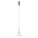 Lampa wisząca Montiela z jedną żarówką LED 5W, złota. Posiada okrągły klosz w białym kolorze, zawieszona na cienkim przewodzie. Ujęcie frontalne, produkt wisi w centralnej pozycji na białym tle.