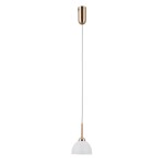 Lampa wisząca Montiela 1xLED 5W w złotym wykończeniu z białym kloszem. Produkt zawieszony na cienkim przewodzie, z metalowym uchwytem. Klosz o kształcie półkuli, umieszczony na górze, zapewnia nowoczesny wygląd. Tło proste, białe.