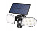 Naświetlacz solarny LED 15W z dwoma panelami świetlnymi, czujnikiem ruchu i panelem słonecznym. Kolor czarny, z wyraźnymi diodami LED. Ujęcie frontalne, produkt zamontowany na uchwycie, gotowy do użycia na zewnątrz.