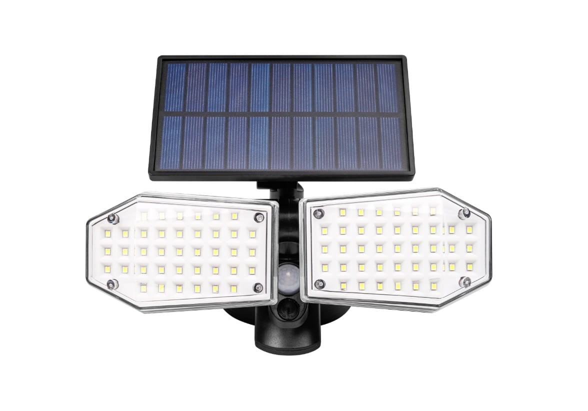 Naświetlacz solarny LED 15W z dwoma panelami świecącymi, każdy z 30 diodami, czujnik ruchu, zasilany energią słoneczną, obudowa czarna, panel fotowoltaiczny na górze, kąt ujęcia frontalny. Wydajność 450lm, temperatura barwowa 5500K.