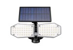 Naświetlacz solarny LED 15W z dwoma panelami świecącymi, każdy z 30 diodami, czujnik ruchu, zasilany energią słoneczną, obudowa czarna, panel fotowoltaiczny na górze, kąt ujęcia frontalny. Wydajność 450lm, temperatura barwowa 5500K.
