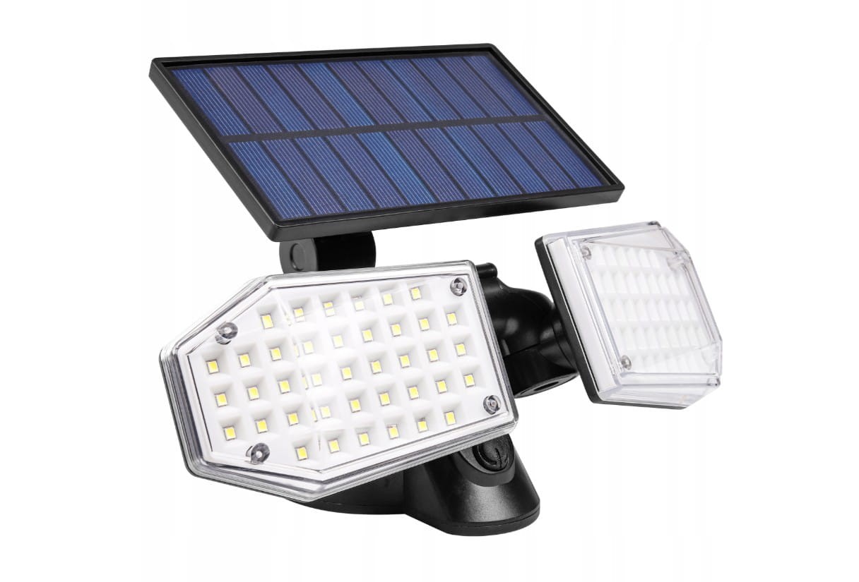 Naświetlacz solarny LED 15W z dwiema głowicami, każda z 24 diodami LED, w kolorze czarnym. Posiada panel słoneczny u góry, czujnik ruchu oraz jasność 450 lm przy temperaturze 5500K. Ujęcie z przodu, produkt w pozycji stojącej.