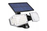 Naświetlacz solarny LED 15W z dwiema głowicami, każda z 24 diodami LED, w kolorze czarnym. Posiada panel słoneczny u góry, czujnik ruchu oraz jasność 450 lm przy temperaturze 5500K. Ujęcie z przodu, produkt w pozycji stojącej.