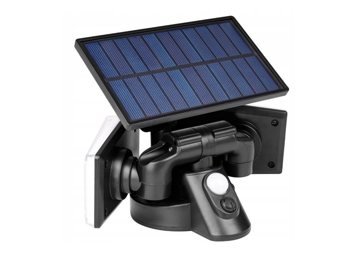 Naświetlacz solarny LED 15W z czujnikiem ruchu, czarny, z panelami słonecznymi na górze. Umożliwia regulację kąta, z widocznym przyciskiem i czujnikiem w dolnej części. Wymiary kompaktowe, idealny do montażu na ścianie lub w ogrodzie.