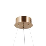 Złota lampa wisząca Montiela z sześcioma źródłami LED. Metalowy, okrągły klosz z widocznymi przewodami, zawieszona na cienkich linkach. Gładka powierzchnia, minimalistyczny design, idealna do nowoczesnych wnętrz.