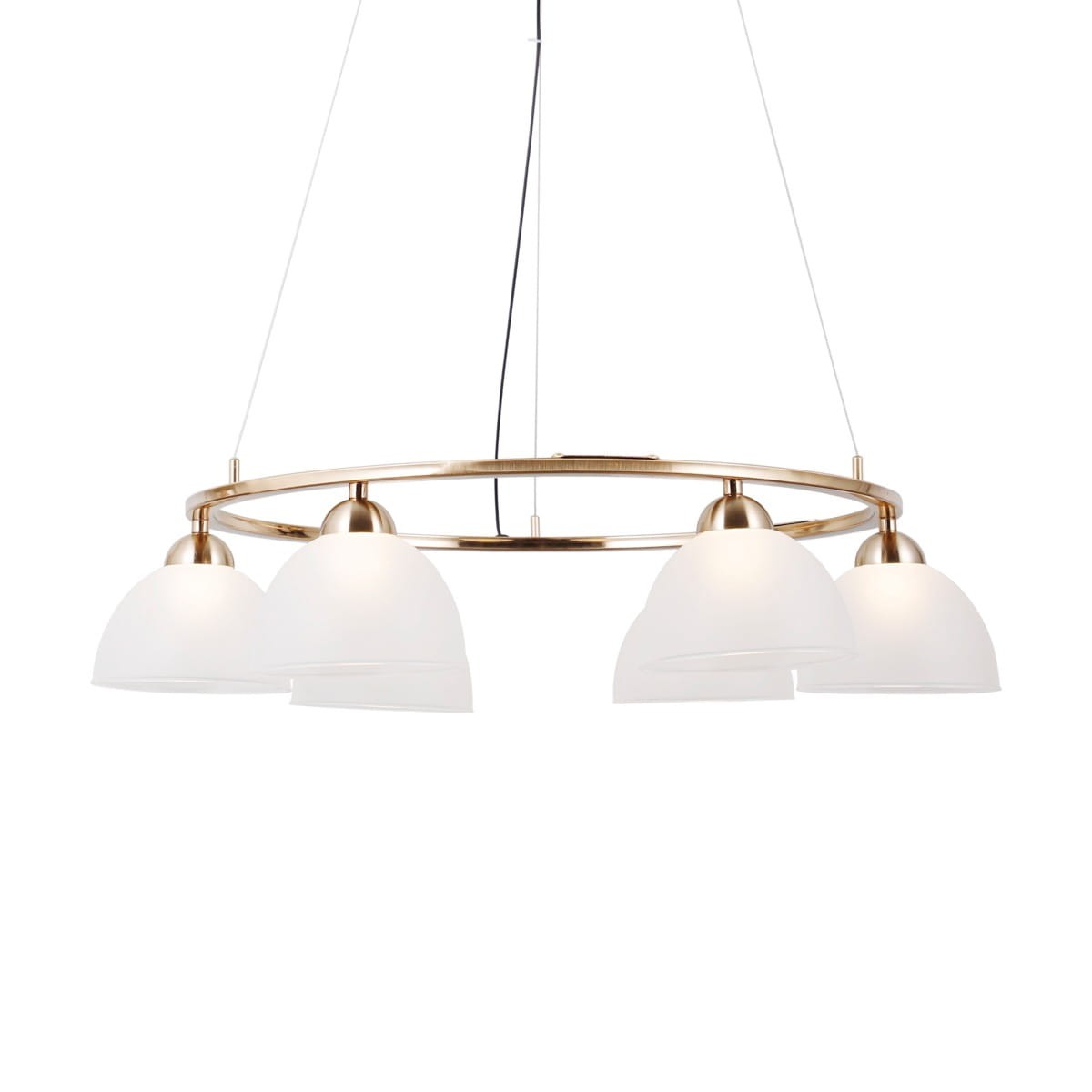 Lampa wisząca Montiela z sześcioma kloszami LED, złota konstrukcja, matowe białe klosze w kształcie misek. Produkt zawieszony na cienkich linkach, prezentujący nowoczesny design idealny do aranżacji wnętrz.