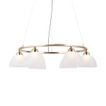 Lampa wisząca Montiela z sześcioma kloszami LED, złota konstrukcja, matowe białe klosze w kształcie misek. Produkt zawieszony na cienkich linkach, prezentujący nowoczesny design idealny do aranżacji wnętrz.