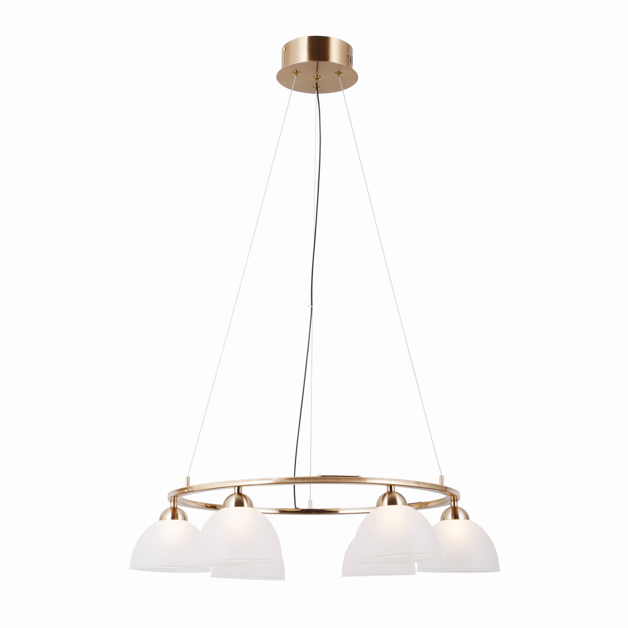 Lampa wisząca Montiela z sześcioma źródłami LED 30W, w złotej oprawie. Posiada okrągły metalowy stelaż z przezroczystymi, półkulistymi kloszami. Zawieszona na cienkich linkach, z widocznym przewodem. Prosta forma, idealna do nowoczesnych wnętrz.