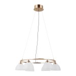 Lampa wisząca Montiela z sześcioma kloszami LED 30W w złotym kolorze. Klosze w kształcie półkul, wykonane z matowego szkła, zawieszone na cienkich przewodach. Okrągła, złota podsufitka. Prosty kształt, idealna do nowoczesnych wnętrz.