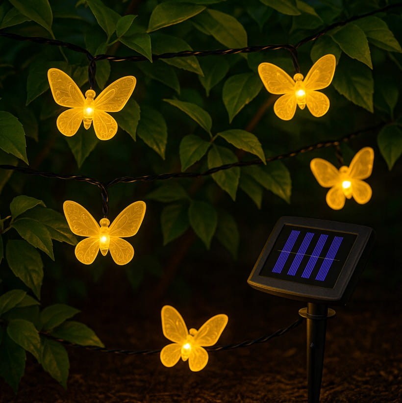 Girlanda solarna o długości 580 cm z 20 żarówkami LED w kształcie motylków. Motylki w kolorze ciepłego żółtego są umieszczone na ciemnym przewodzie, w otoczeniu zielonych liści. Widoczny panel solarny na czarnym stelażu.
