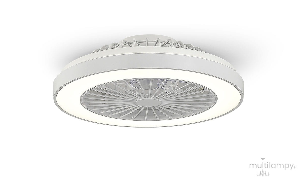 Kleo plafon z wentylatorem LED, biały, o średnicy 48 cm. Posiada podświetlenie w technologii CCT (36W + 15W) oraz pilot zdalnego sterowania. Widok z dołu, pokazujący otwory wentylacyjne i okrągłe, wykończone ramki świetlne.