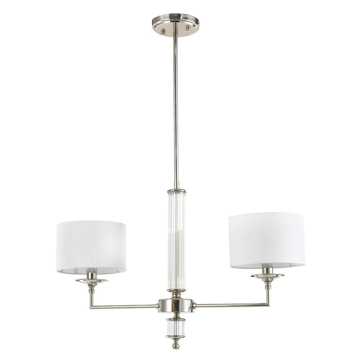 Lampa wisząca Sutton z dwoma kloszami w kolorze białym, wykonana z niklu. Oferuje elegancki design z prostym, metalowym ramieniem i przezroczystą, zdobioną częścią. Zawieszona na cienkim drucie, idealna do nowoczesnych wnętrz.