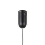 Lampa wisząca Pedro w kolorze czarnym, wykonana z metalu, z miejscem na żarówkę LED 4W. Ujęcie frontalne, wisząca na cienkim kablu, z widocznymi otworami wentylacyjnymi oraz śrubą mocującą.