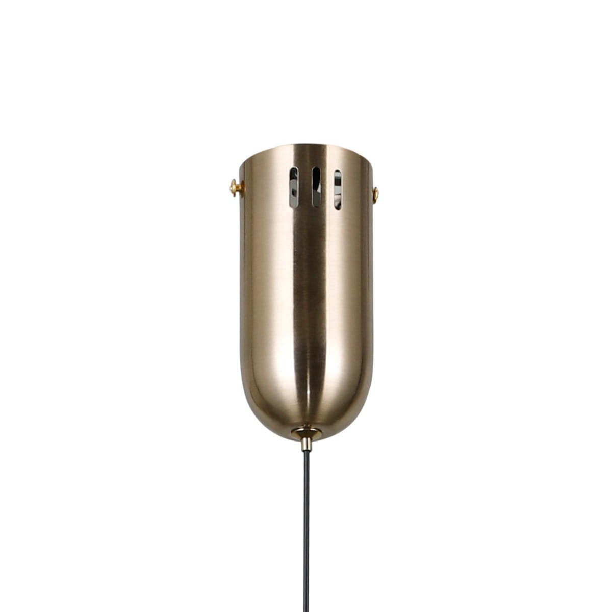 Lampa wisząca Pedro w złotym kolorze, wykonana z metalu. Cylindryczny kształt z wytłoczeniami i czarnym przewodem. Wbudowane źródło światła LED o mocy 4W, zawieszona w pozycji pionowej, na jednolitym tle.