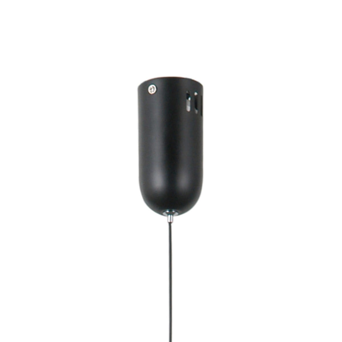 Lampa wisząca Pedro w kolorze czarnym, o cylindrycznym kształcie, wykonana z metalu. Posiada miejsce na pięć źródeł światła LED 20W. Ujęcie frontalne, zawieszona na cienkim przewodzie.