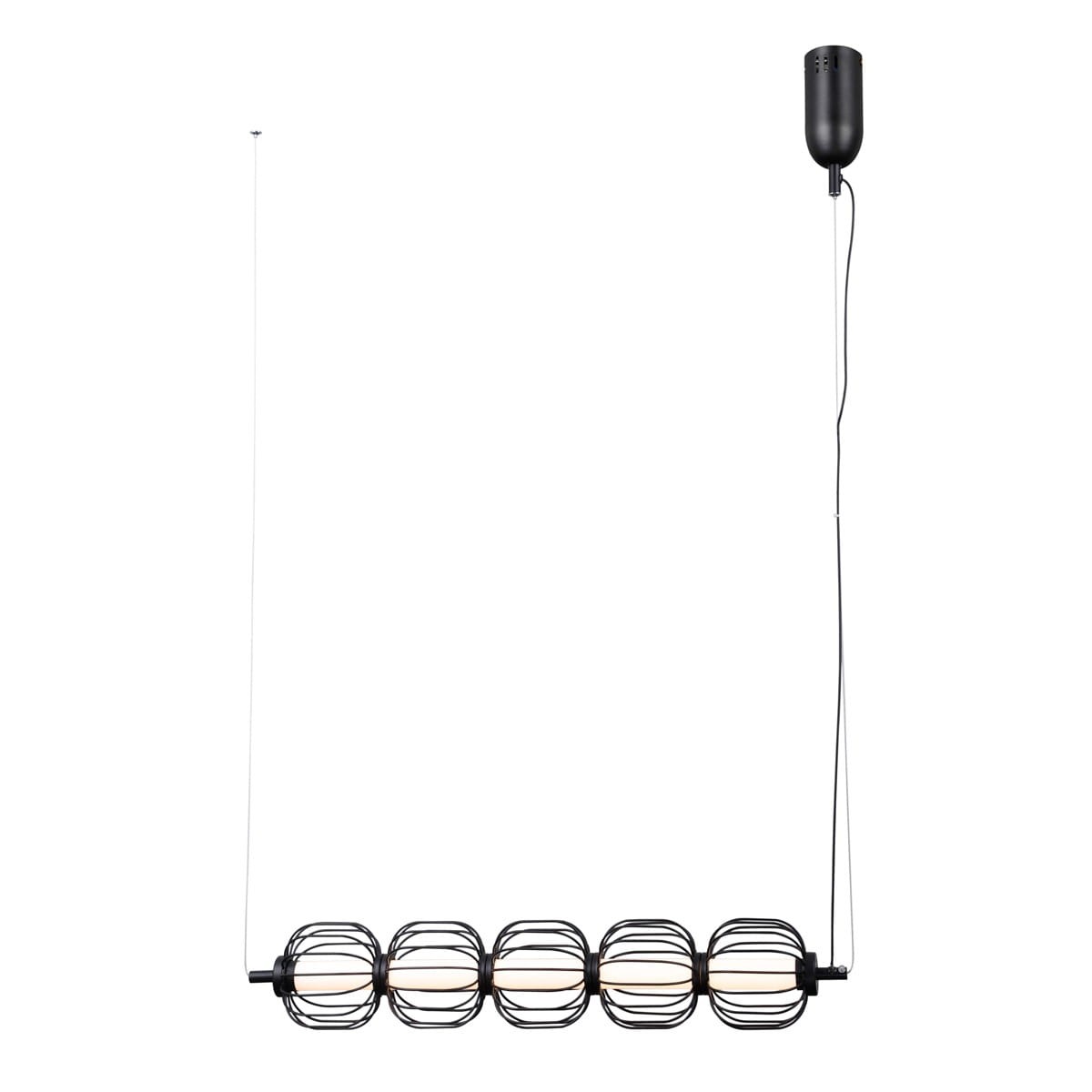 Czarna lampa wisząca Pedro z pięcioma źródłami LED o mocy 20W. Metalowa konstrukcja z siatkowymi kloszami, zawieszona na cienkim przewodzie. Prosty, nowoczesny design, idealna do wnętrz.