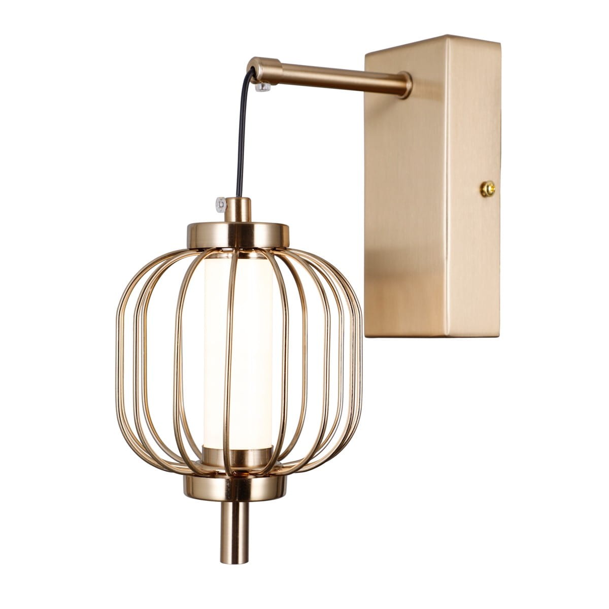 Kinkiet Pedro w kolorze złotym z kloszem w formie metalowej siatki. Posiada jeden źródło światła LED 4W. Montowany na ścianie, z prostokątną podstawą. Widoczny kabelek zasilający.